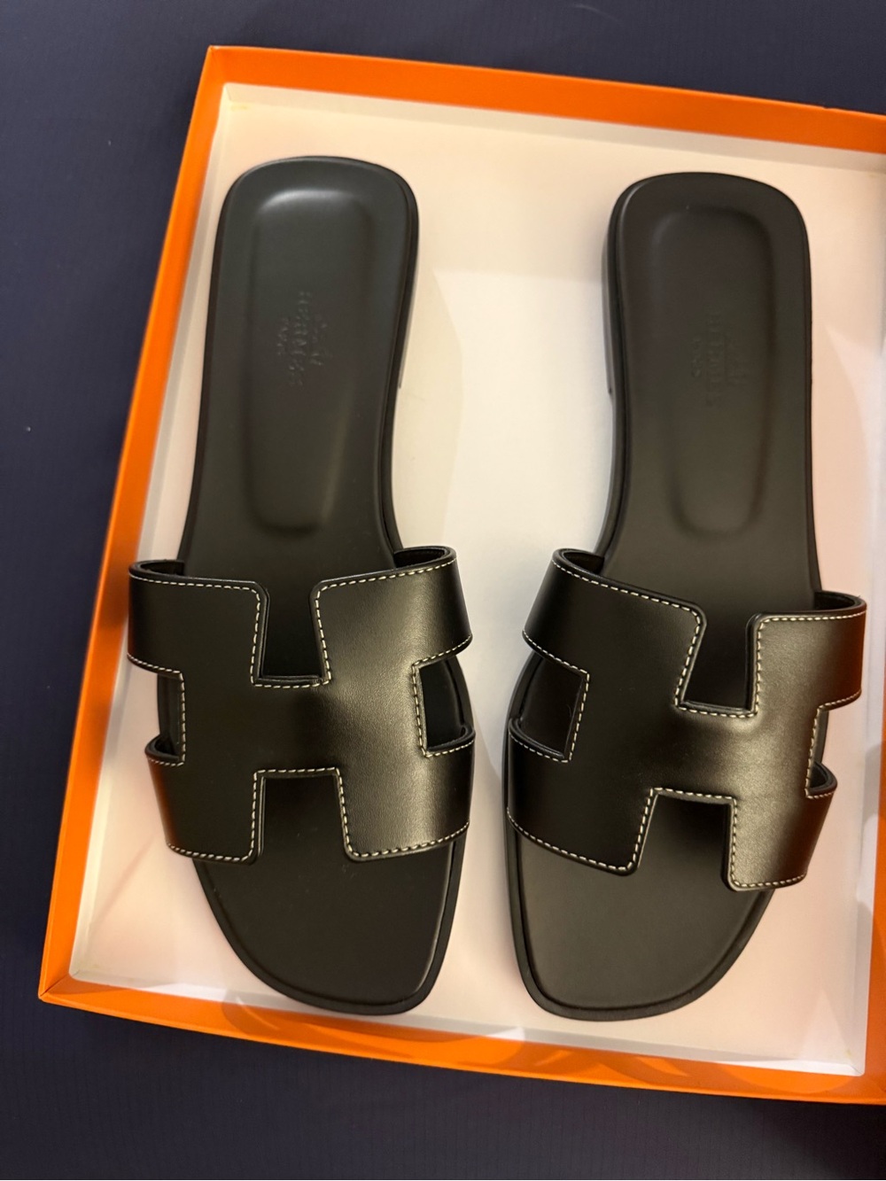 Hermes Black Leather Oran Slide Sandals